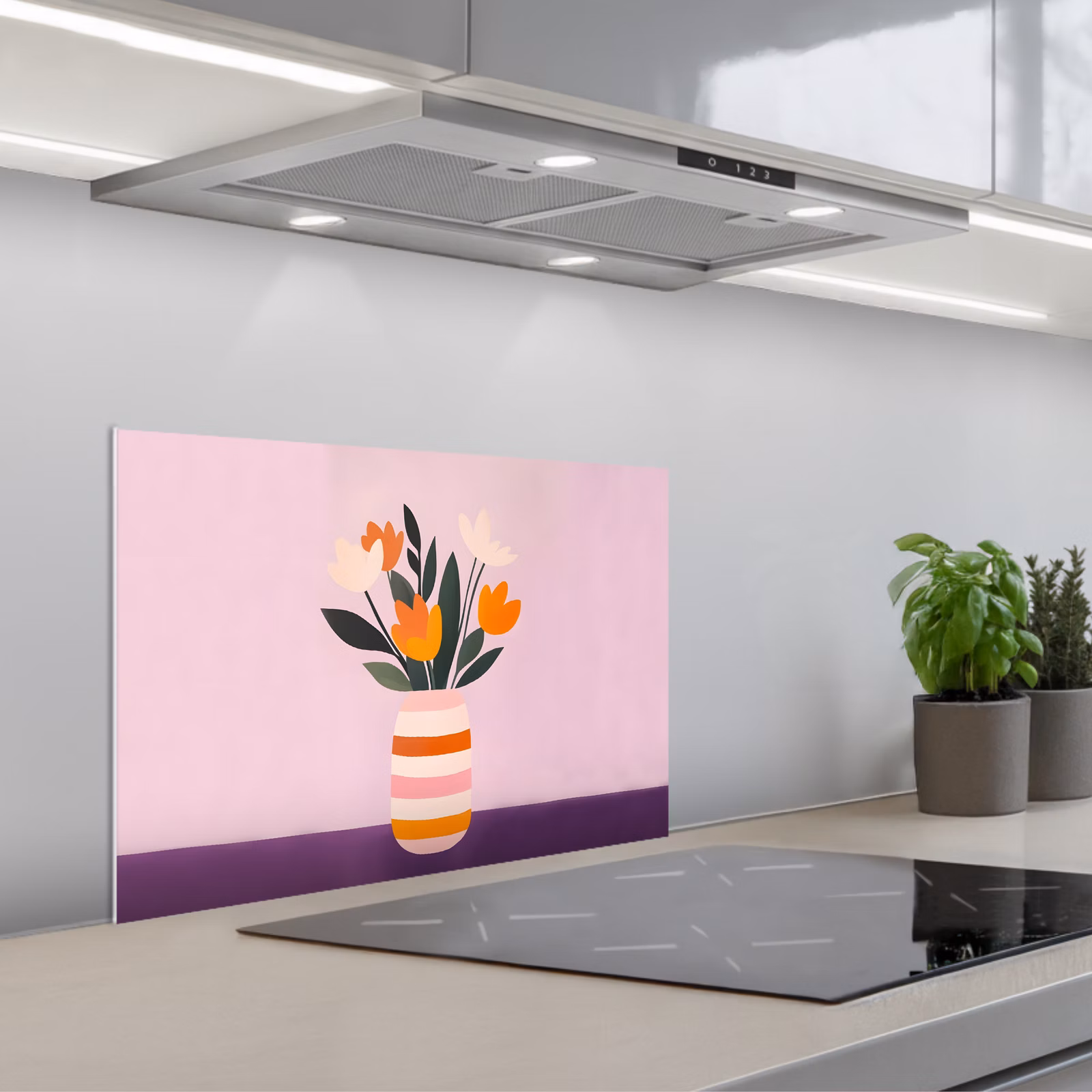 Kitchen splashback for hob - Tulips - Vase - Stripes - Purple — 1