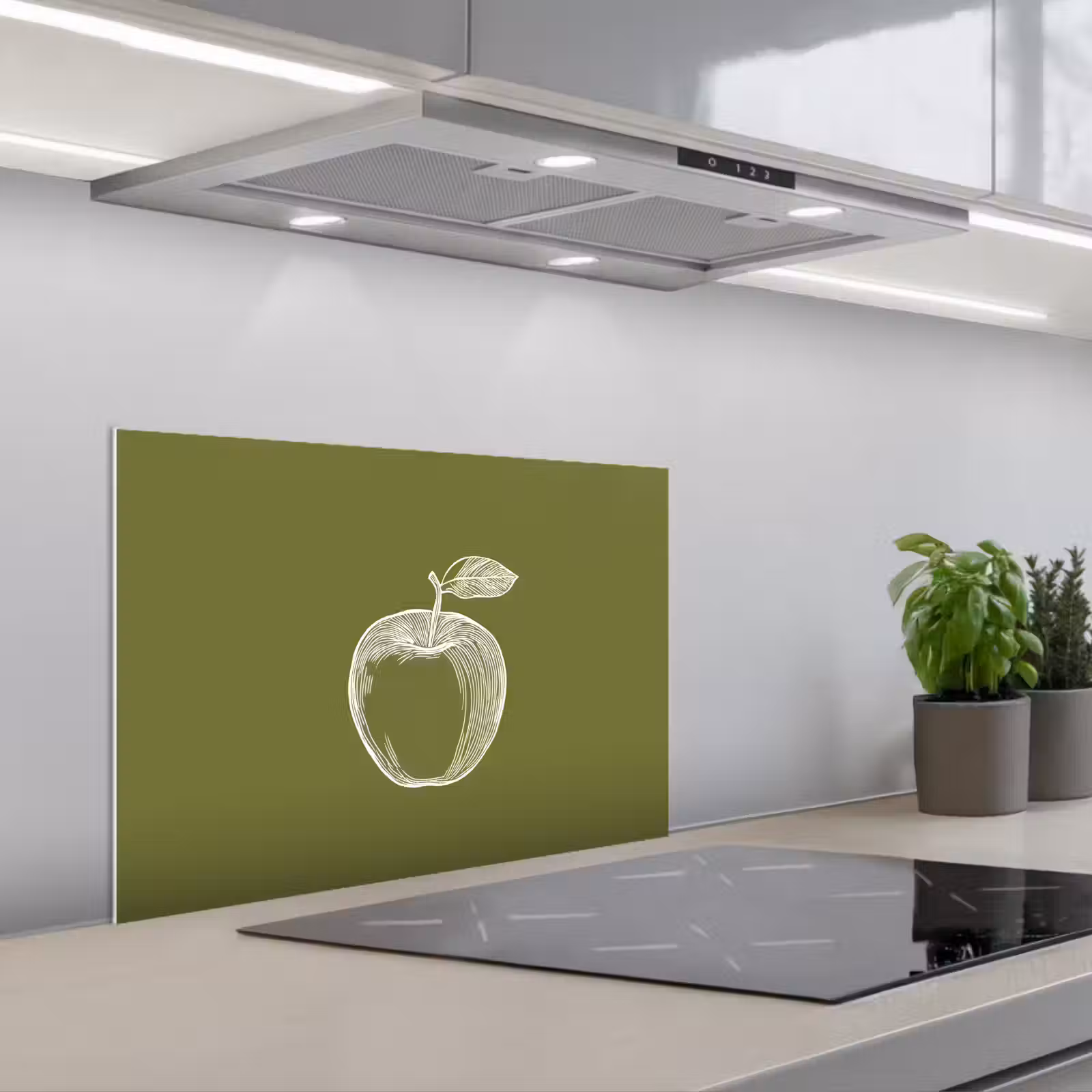 Kitchen splashback for hob - Line drawing - Apple - Olive green - Leaf — 1