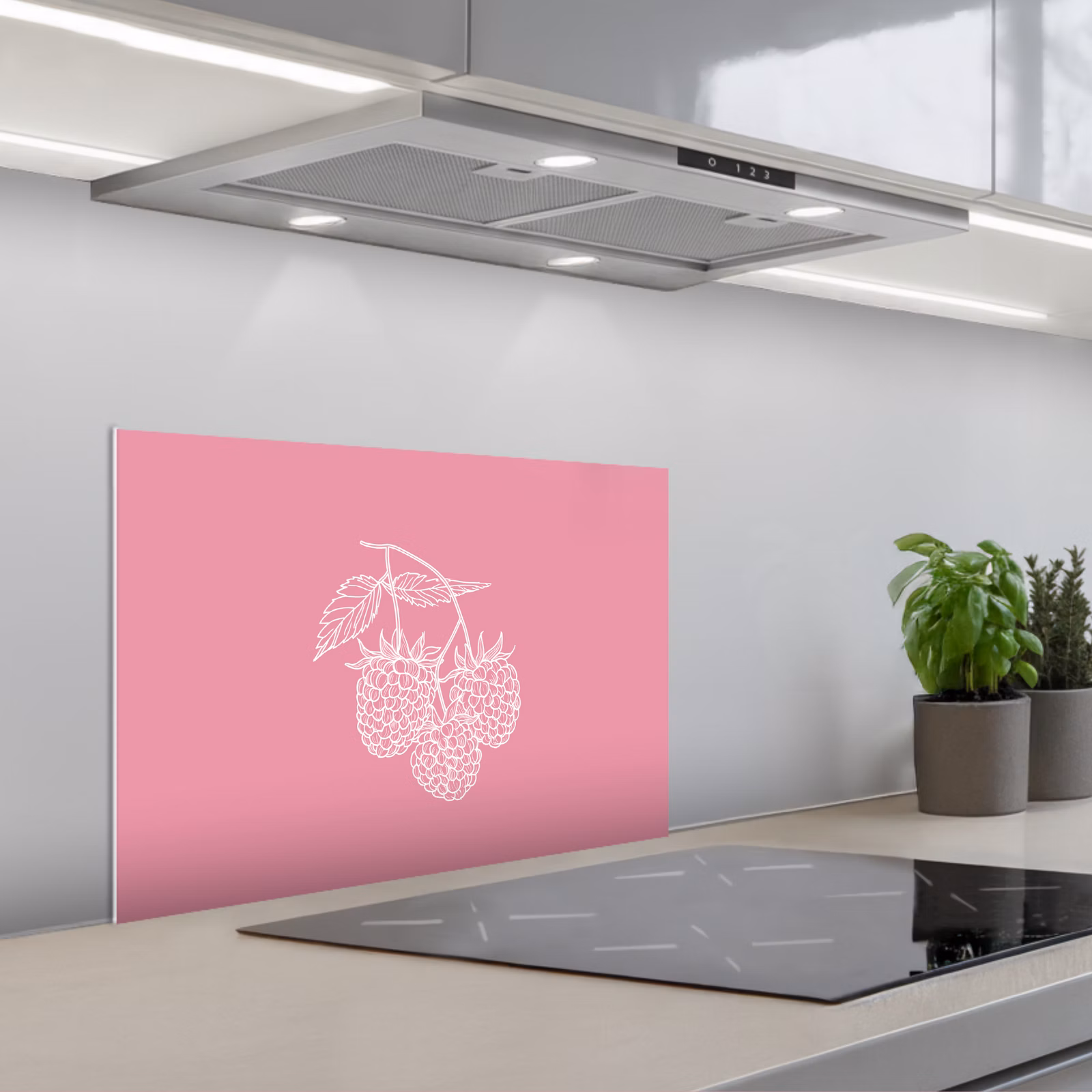Kitchen splashback for hob - Raspberries - Stem - Drawn - Pink — 1