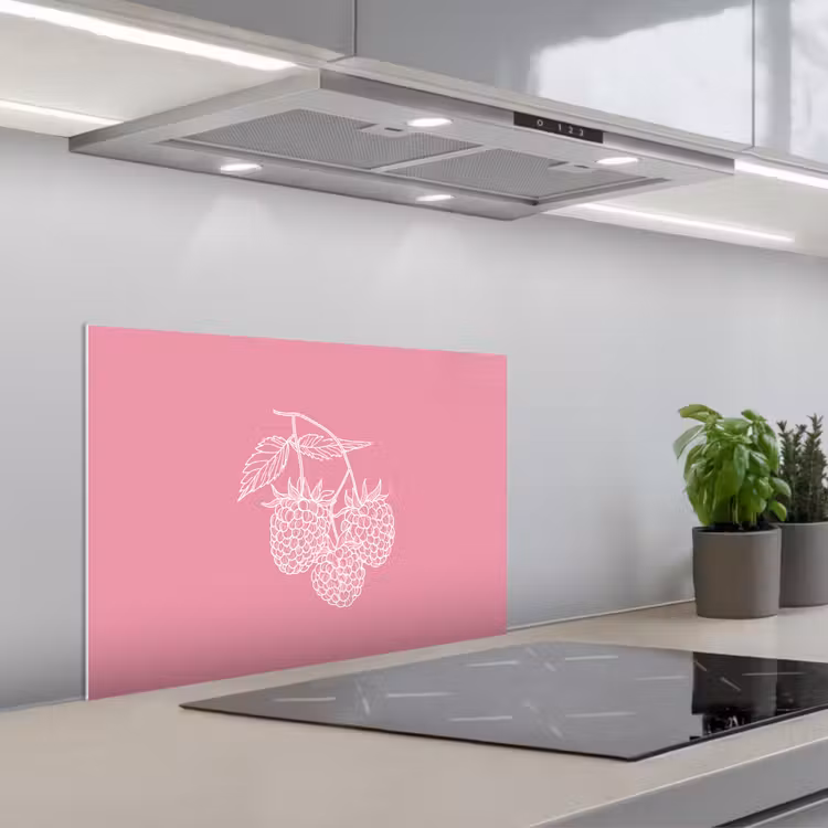 Kitchen splashback for hob - Raspberries - Stem - Drawn - Pink — 1