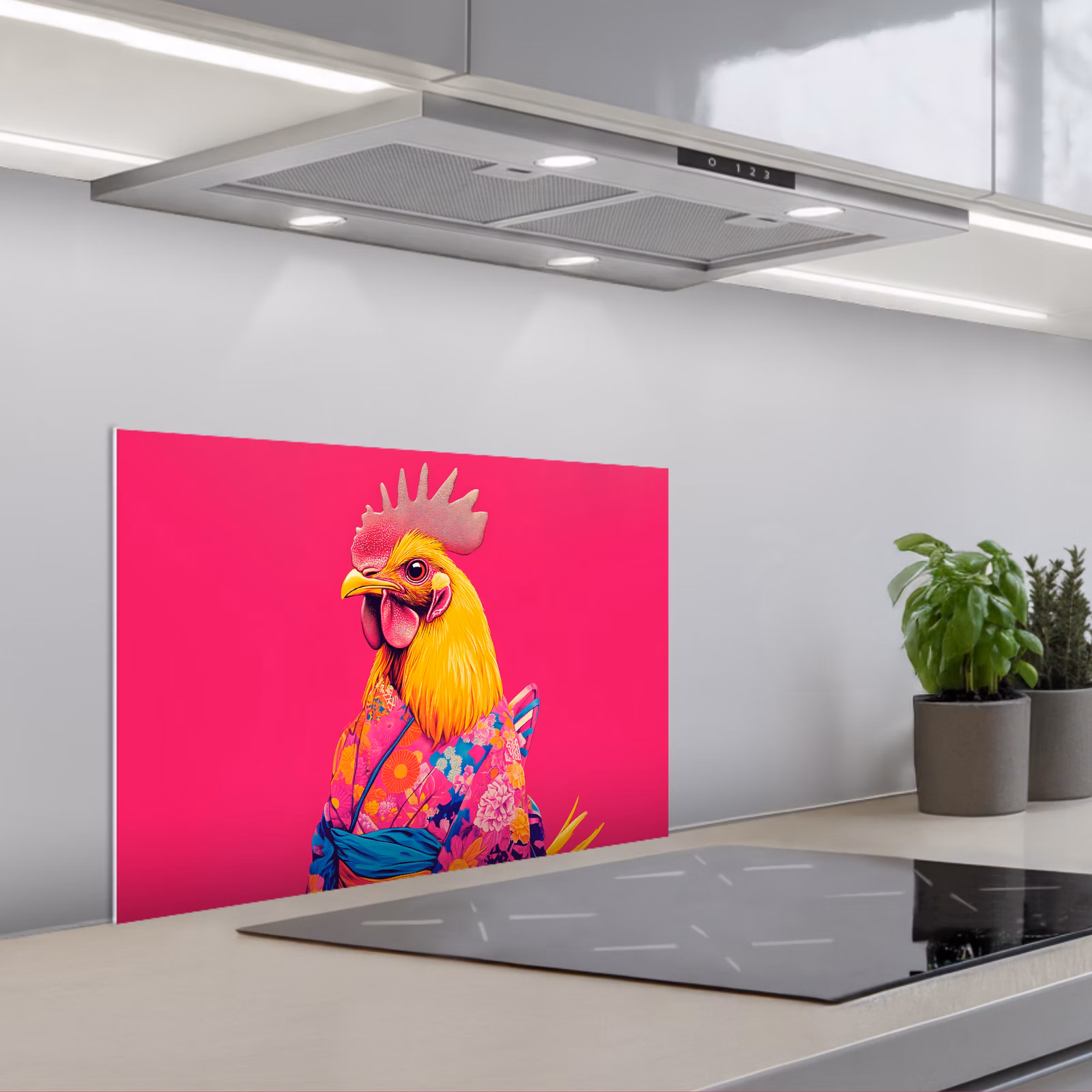 Kitchen splashback for hob - Rooster - Colorful - Kimono - Pink — 1