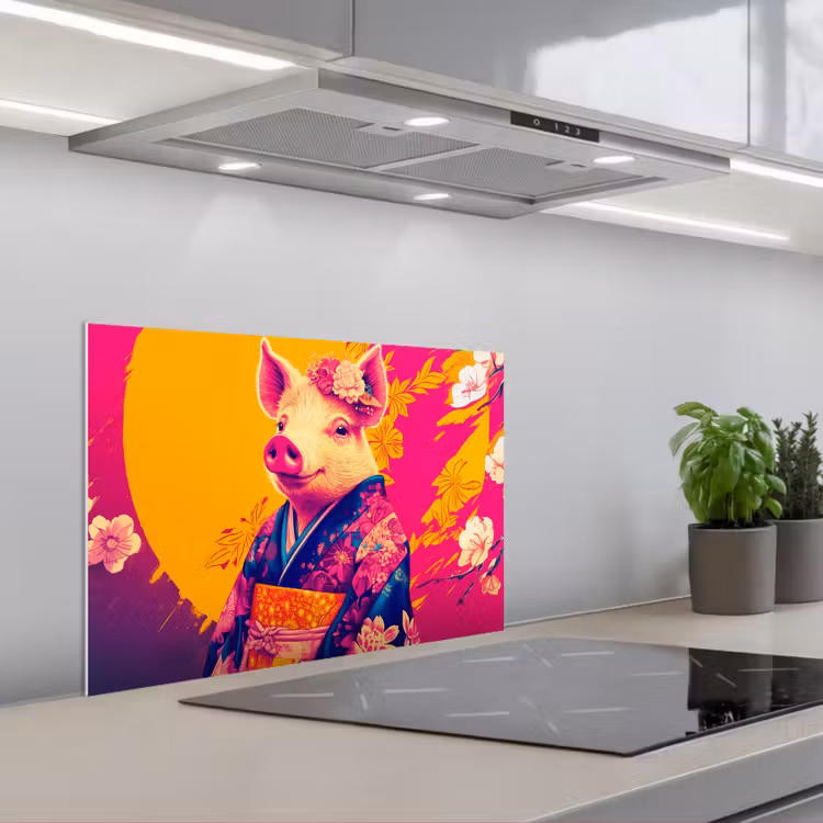 Kitchen splashback for hob - Pig - Flower crown - Kimono - Abstract — 1