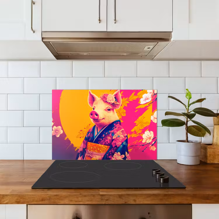 Kitchen splashback for hob - Pig - Flower crown - Kimono - Abstract — 3