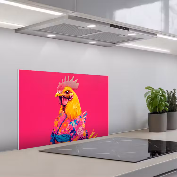 Kitchen splashback for hob - Rooster - Colorful - Kimono - Pink — 1