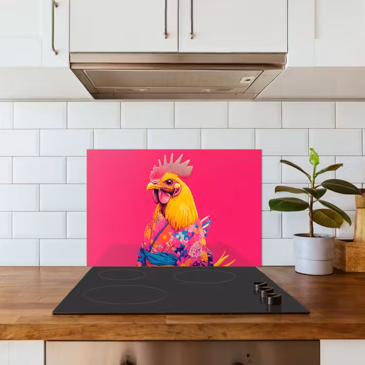 Kitchen splashback for hob - Rooster - Colorful - Kimono - Pink — 3