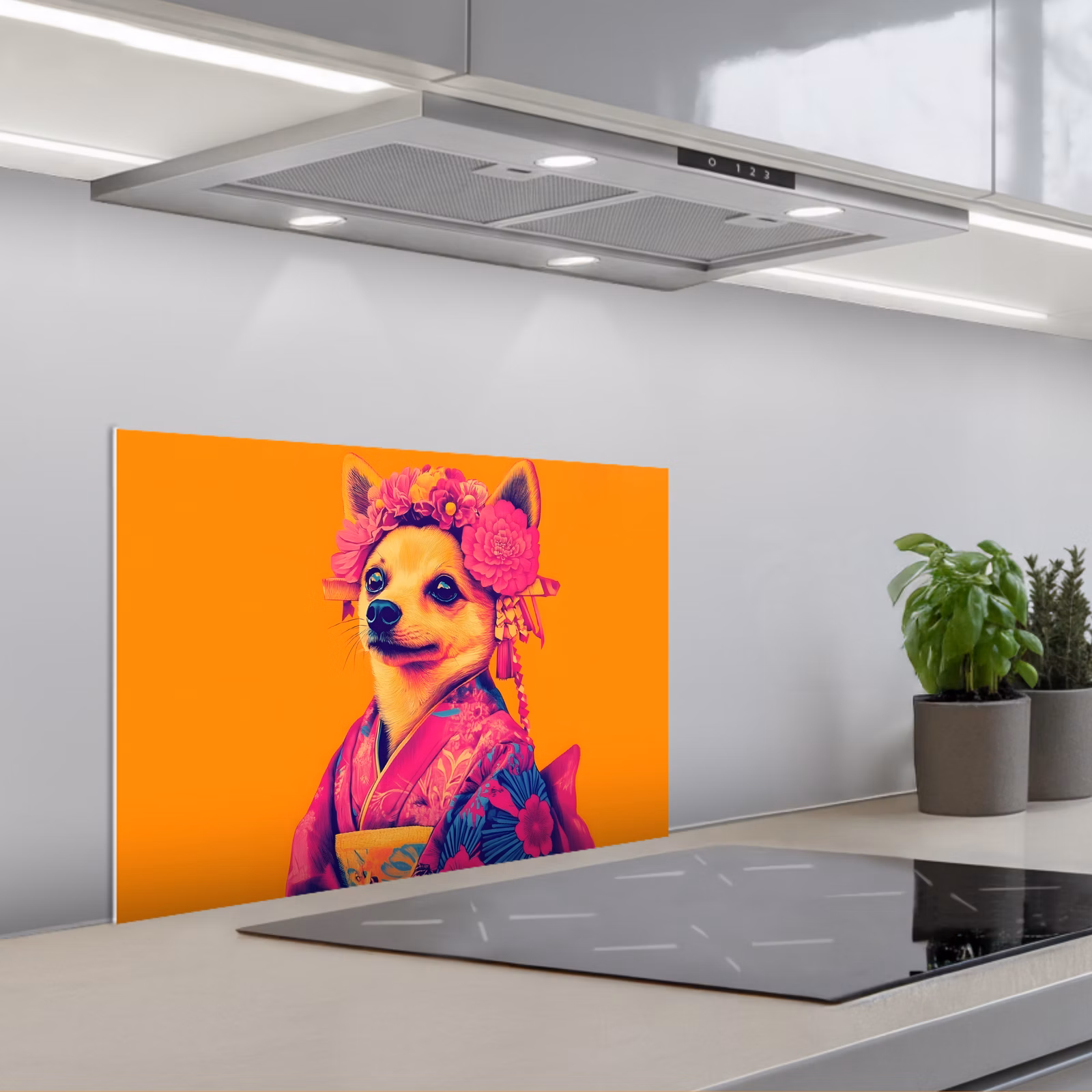 Kitchen splashback for hob - Kimono - Doggie - Flower Crown - Orange — 1