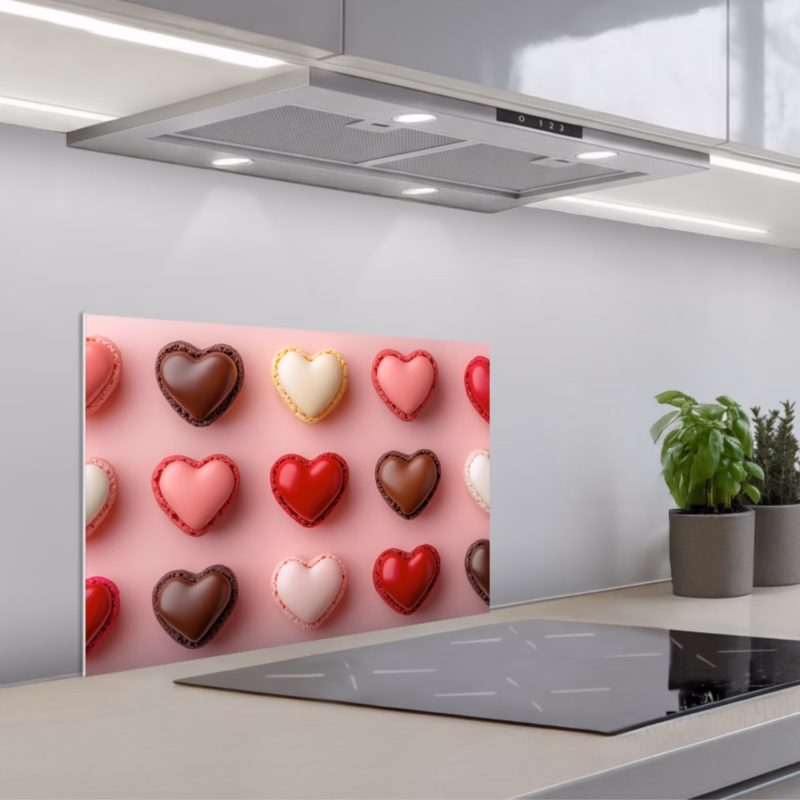 Kitchen splashback for hob - Macarons - Hearts - Colorful - Pink — 1
