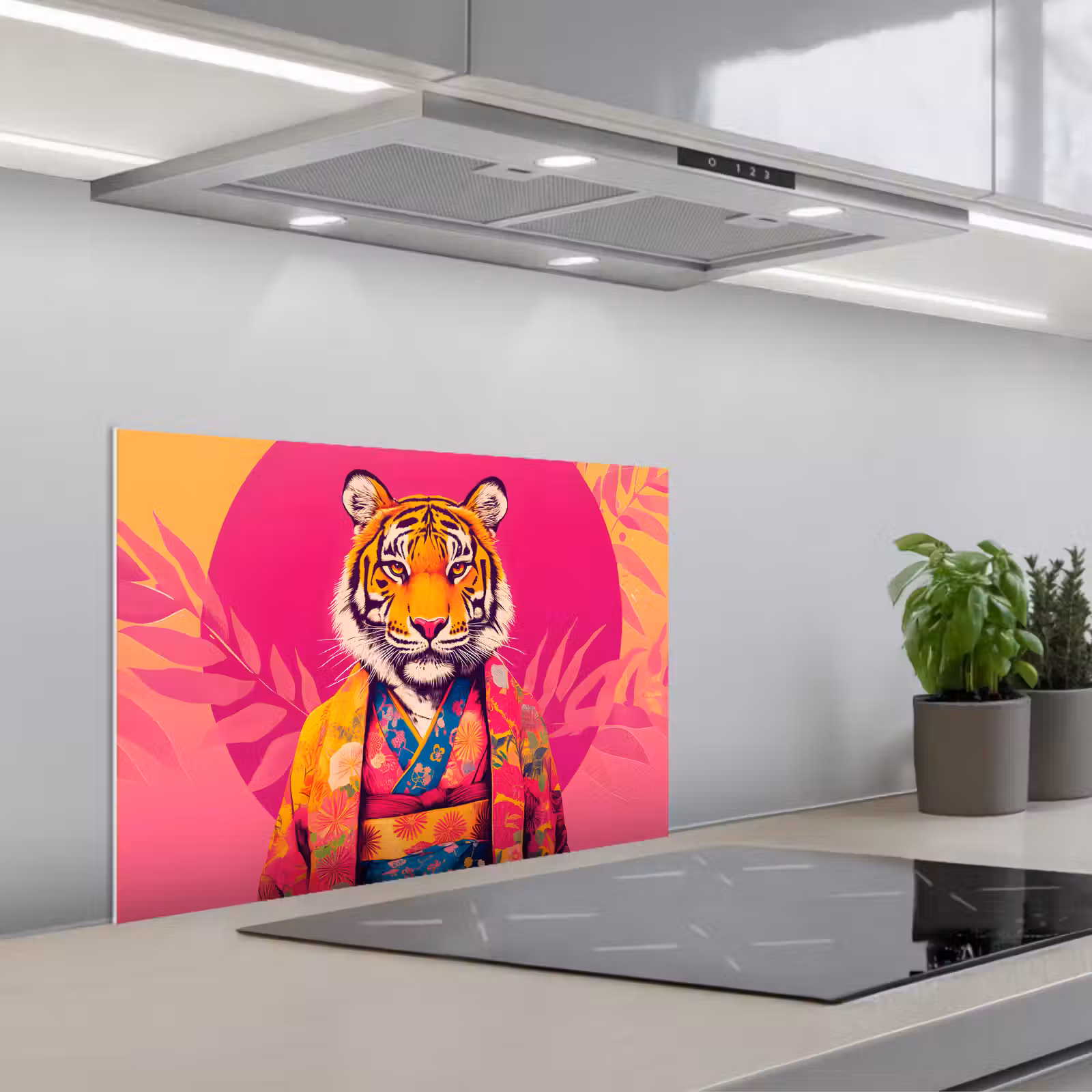 Kitchen splashback for hob - Tiger - Kimono - Plants - Pink — 1