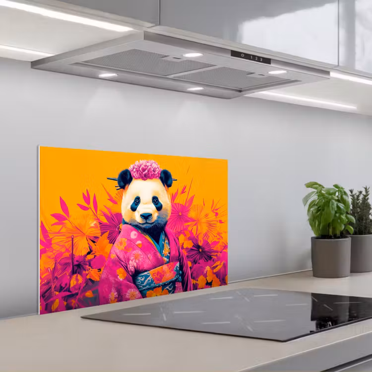 Kitchen splashback for hob - Kimono - Pink - Panda - Flower crown — 1