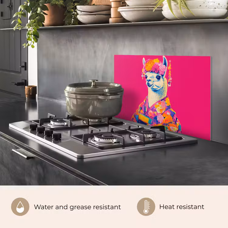 Kitchen splashback for hob - Lama - Kimono - Flower Wreath - Bright Pink — 2