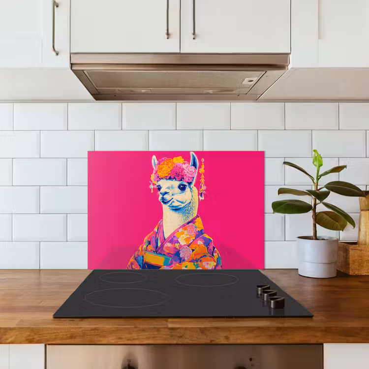 Kitchen splashback for hob - Lama - Kimono - Flower Wreath - Bright Pink — 3