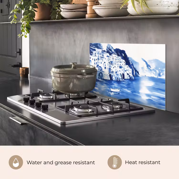 Kitchen splashback for hob - Village - Rock Wall - Rowboat - Water — 2