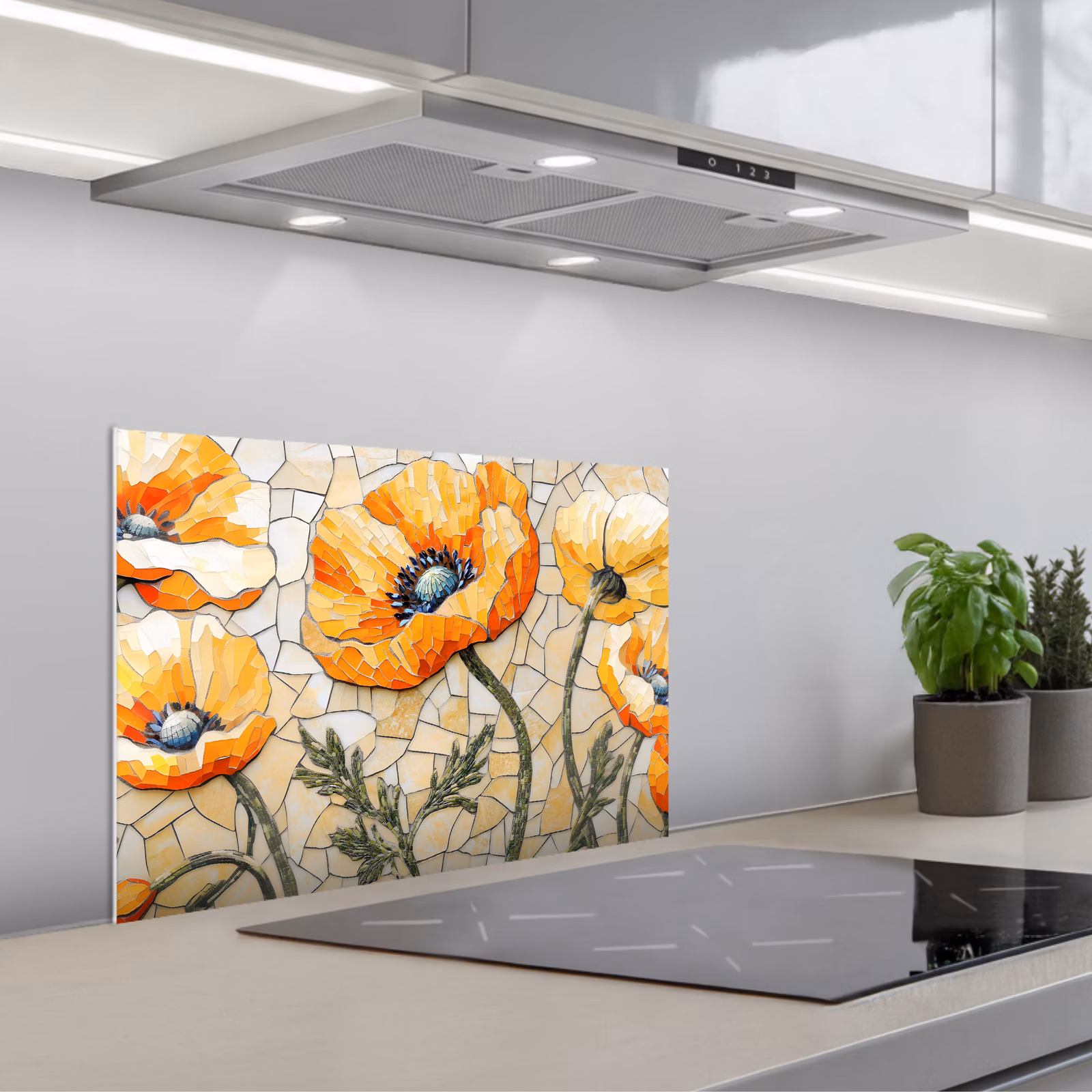 Kitchen splashback for hob - Poppies - Orange - Mosaic - Leaves — 1