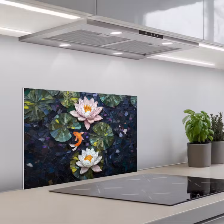 Kitchen splashback for hob - Glass pieces - Lily leaves - Fish - Orange — 1