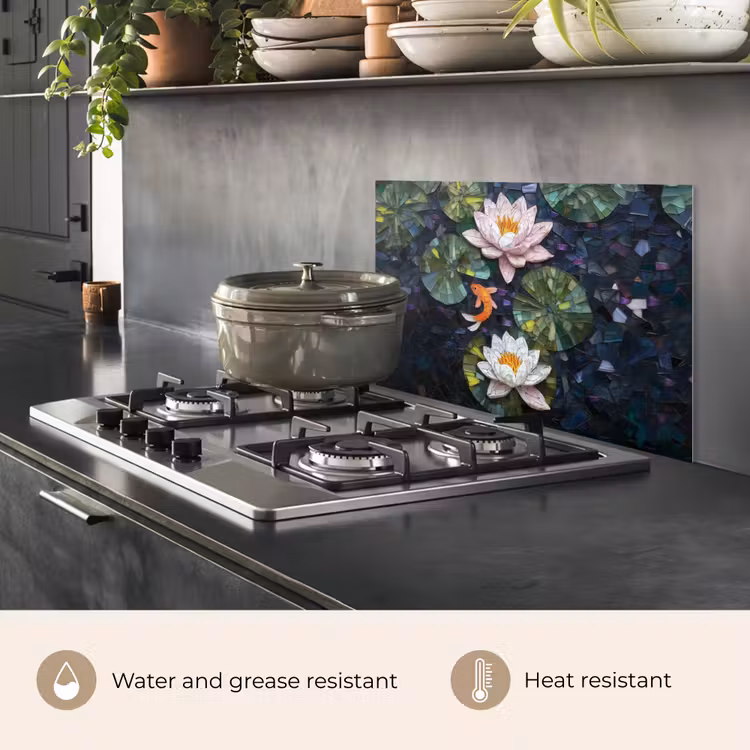 Kitchen splashback for hob - Glass pieces - Lily leaves - Fish - Orange — 2