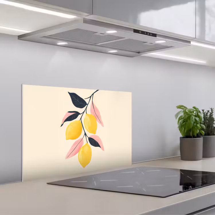 Kitchen splashback for hob - Lemons - Bright yellow - Branch - Leaves — 1