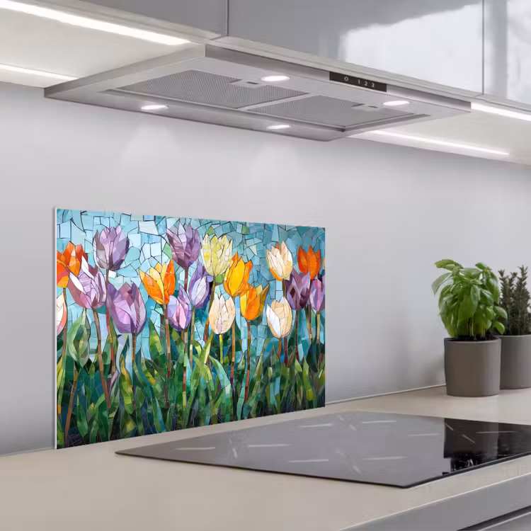 Kitchen splashback for hob - Mosaic - Field - Tulips - Colorful — 1