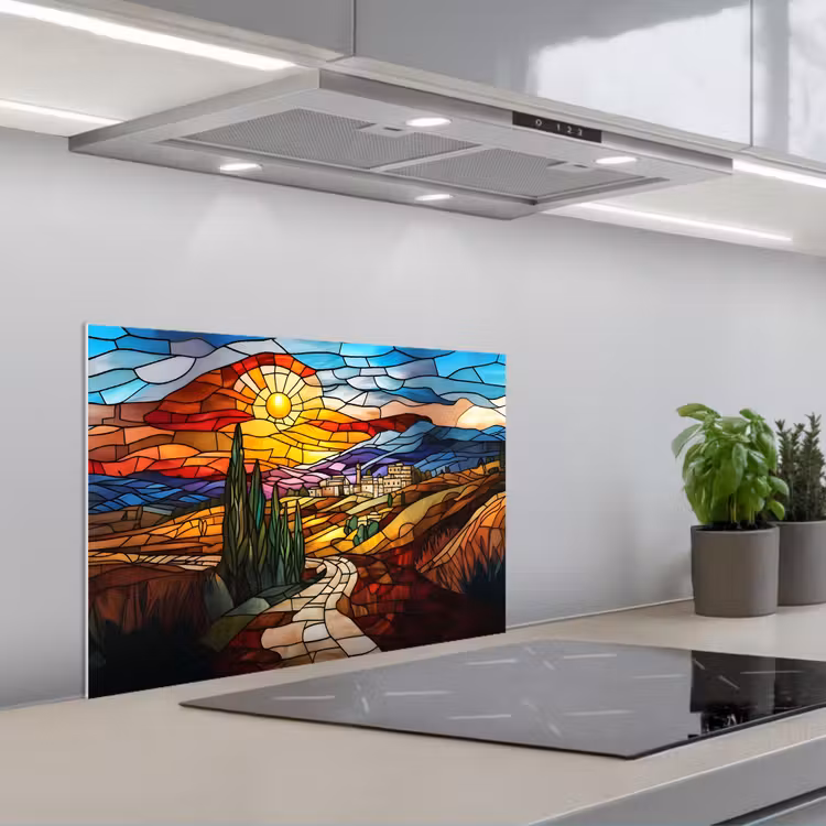 Kitchen splashback for hob - Mosaic - Sun - Landscape - Village — 1