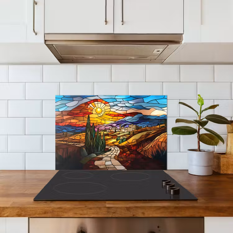 Kitchen splashback for hob - Mosaic - Sun - Landscape - Village — 3