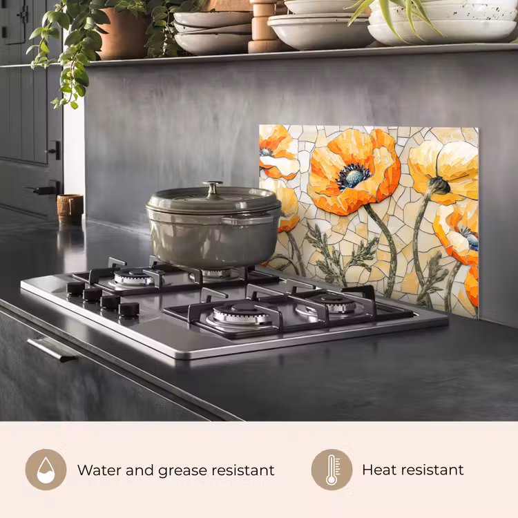 Kitchen splashback for hob - Poppies - Orange - Mosaic - Leaves — 2
