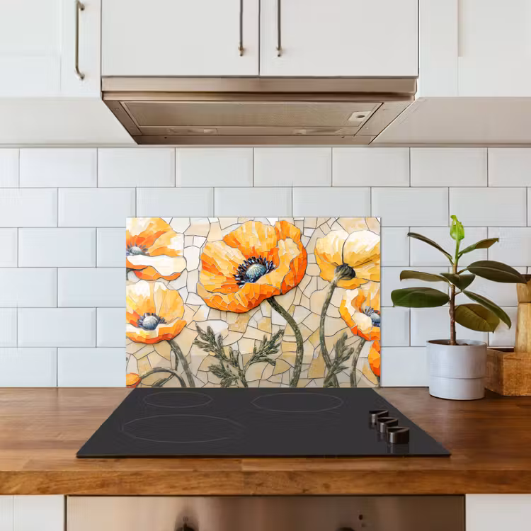 Kitchen splashback for hob - Poppies - Orange - Mosaic - Leaves — 3