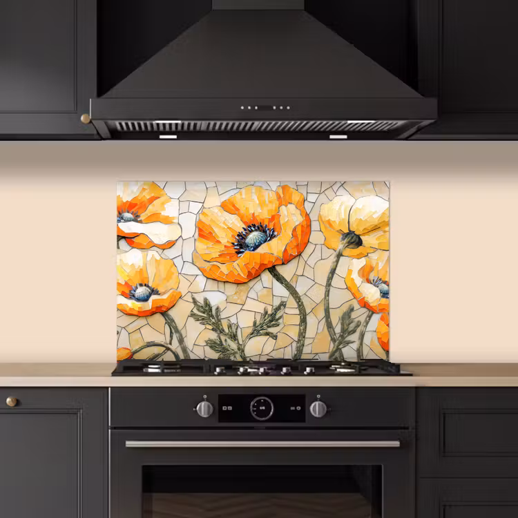 Kitchen splashback for hob - Poppies - Orange - Mosaic - Leaves — 5