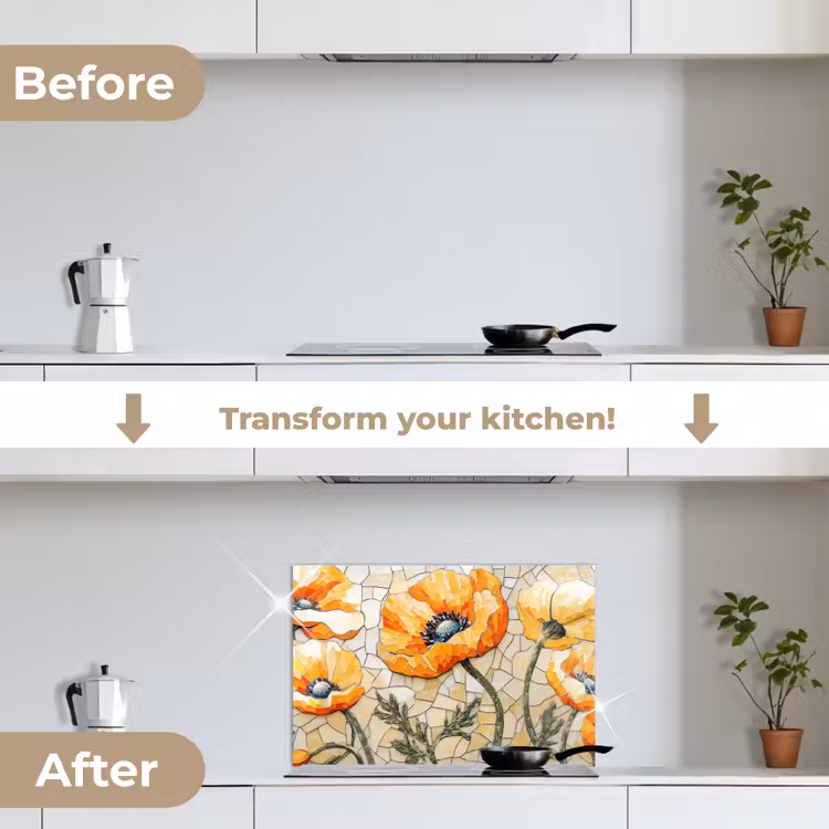 Kitchen splashback for hob - Poppies - Orange - Mosaic - Leaves — 7