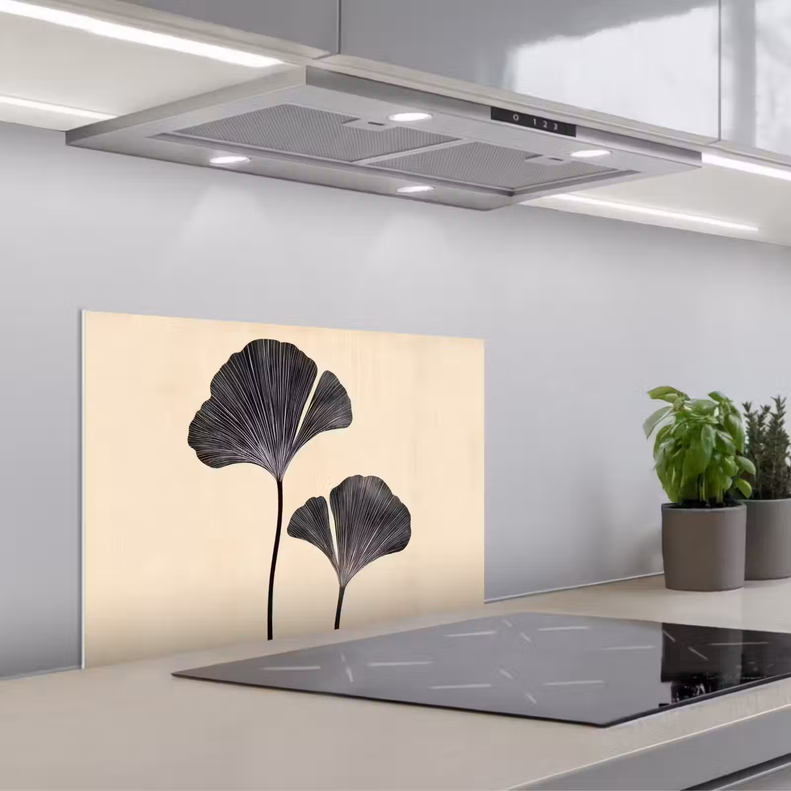 Kitchen splashback for hob - Leaves - Minimalist - Black — 1