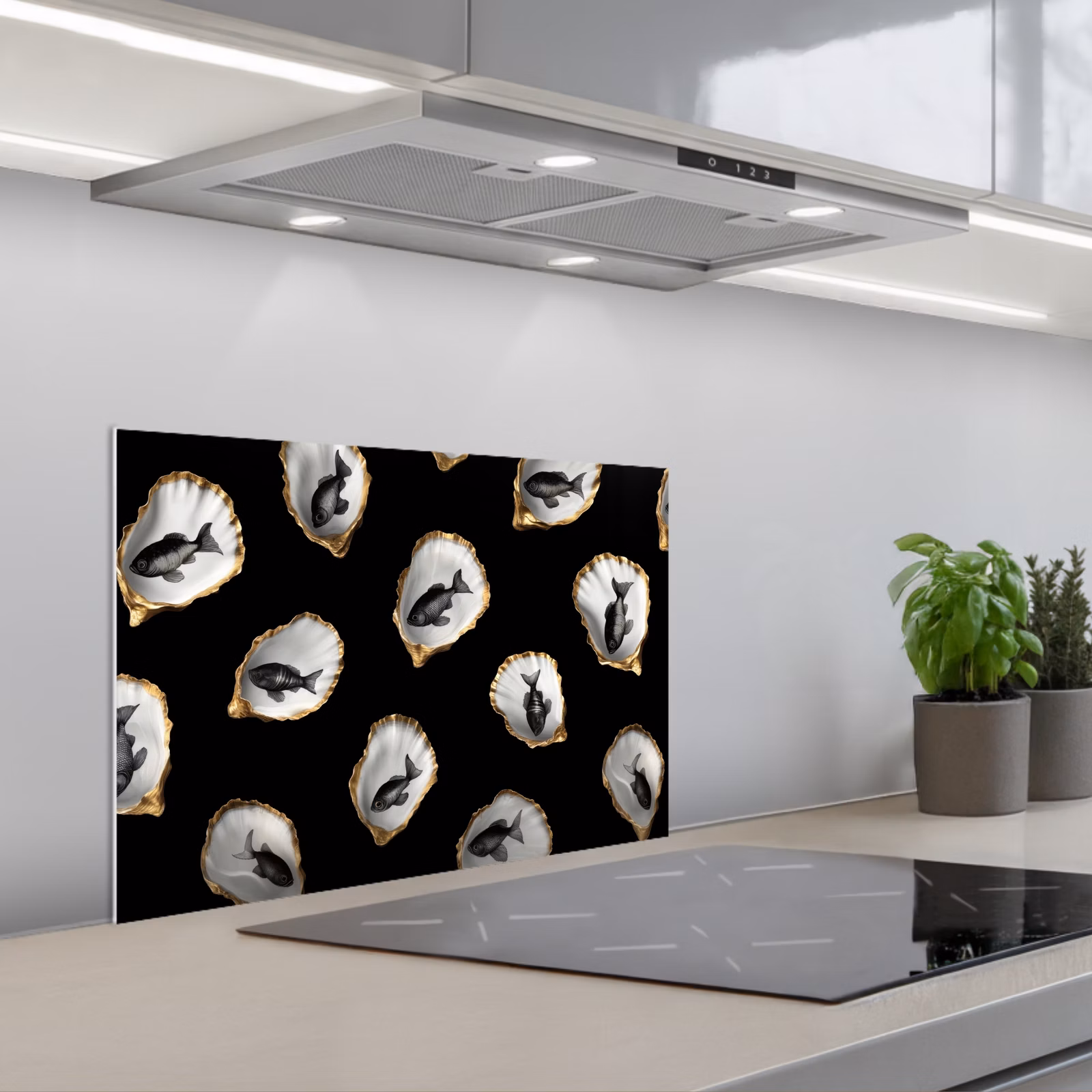 Kitchen splashback for hob - Oysters - Black - Fish - Gold — 1