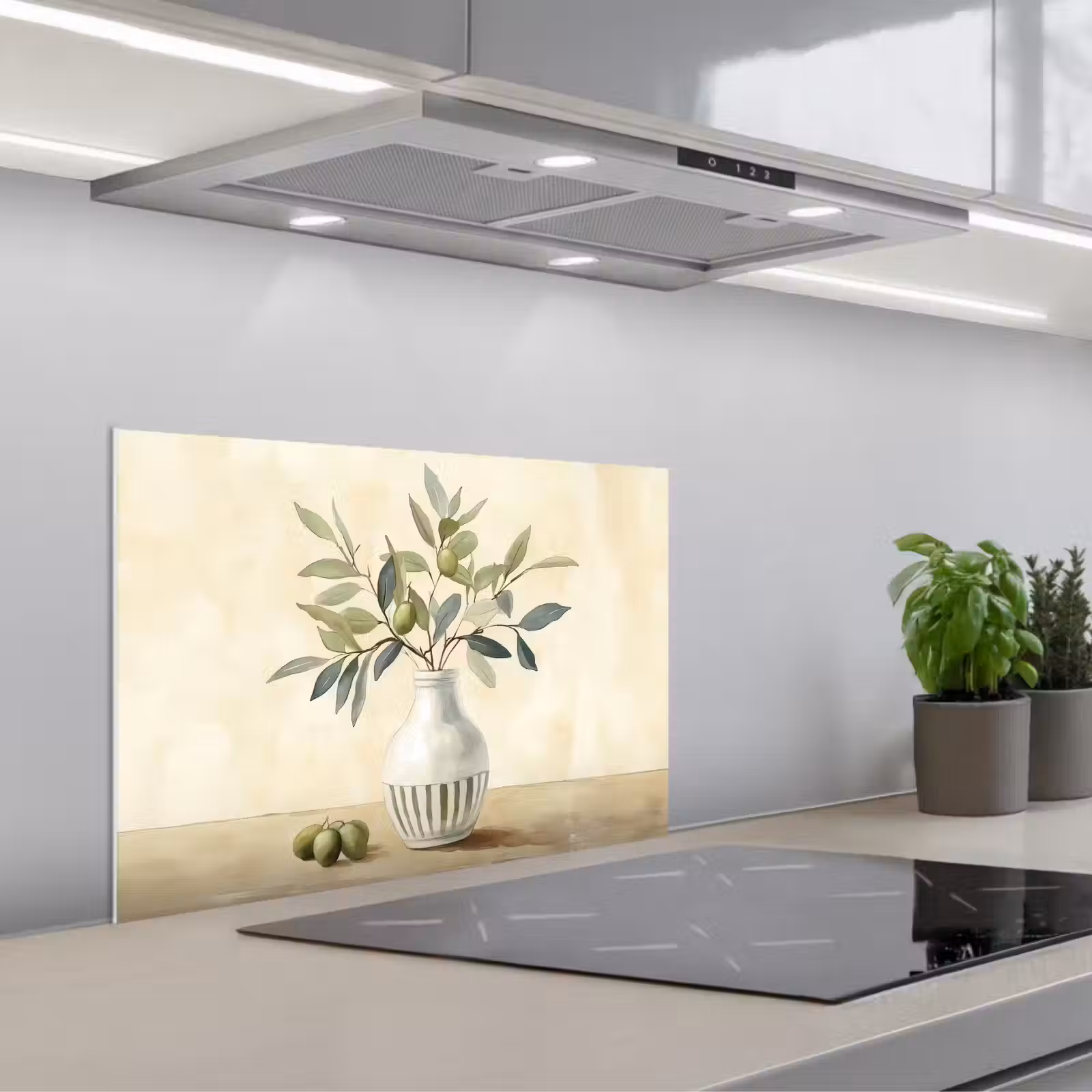 Kitchen splashback for hob - Vase - Ceramic - Olive branches — 1