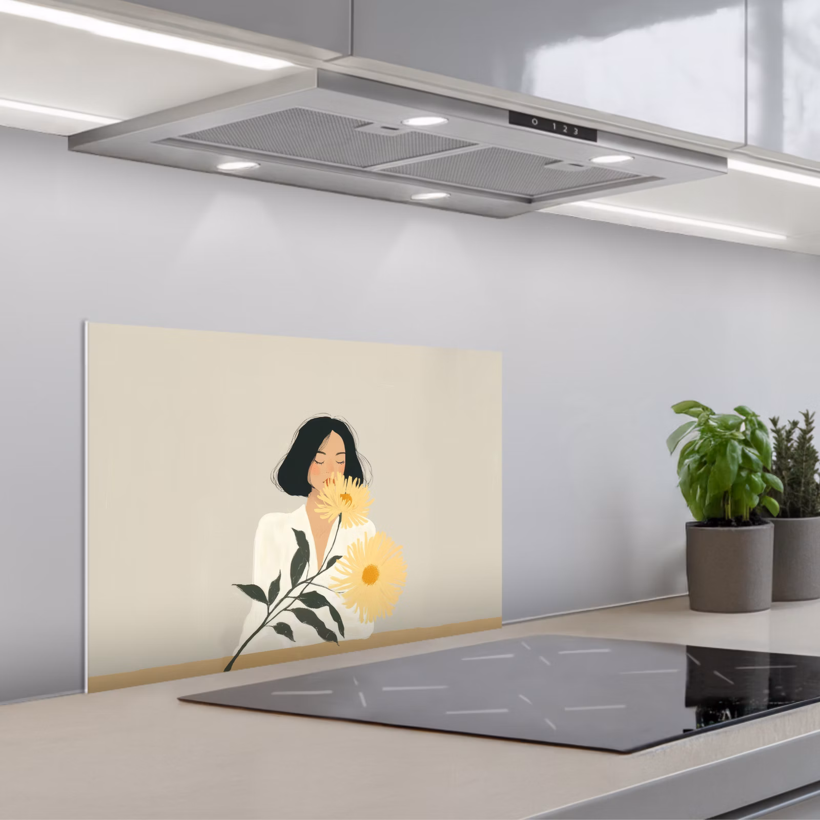 Kitchen splashback for hob - Woman - Flower - Yellow - Minimalist — 1