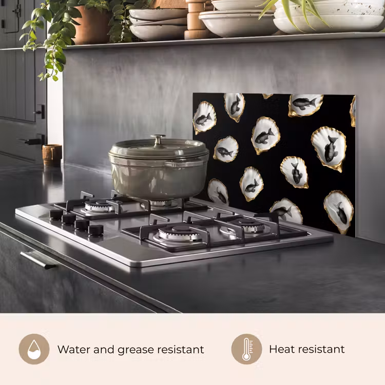 Kitchen splashback for hob - Oysters - Black - Fish - Gold — 2