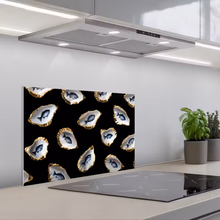 Kitchen splashback for hob - Oysters - Fish - Blue - Gold — 1