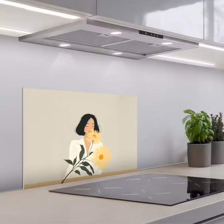 Kitchen splashback for hob - Woman - Flower - Yellow - Minimalist — 1