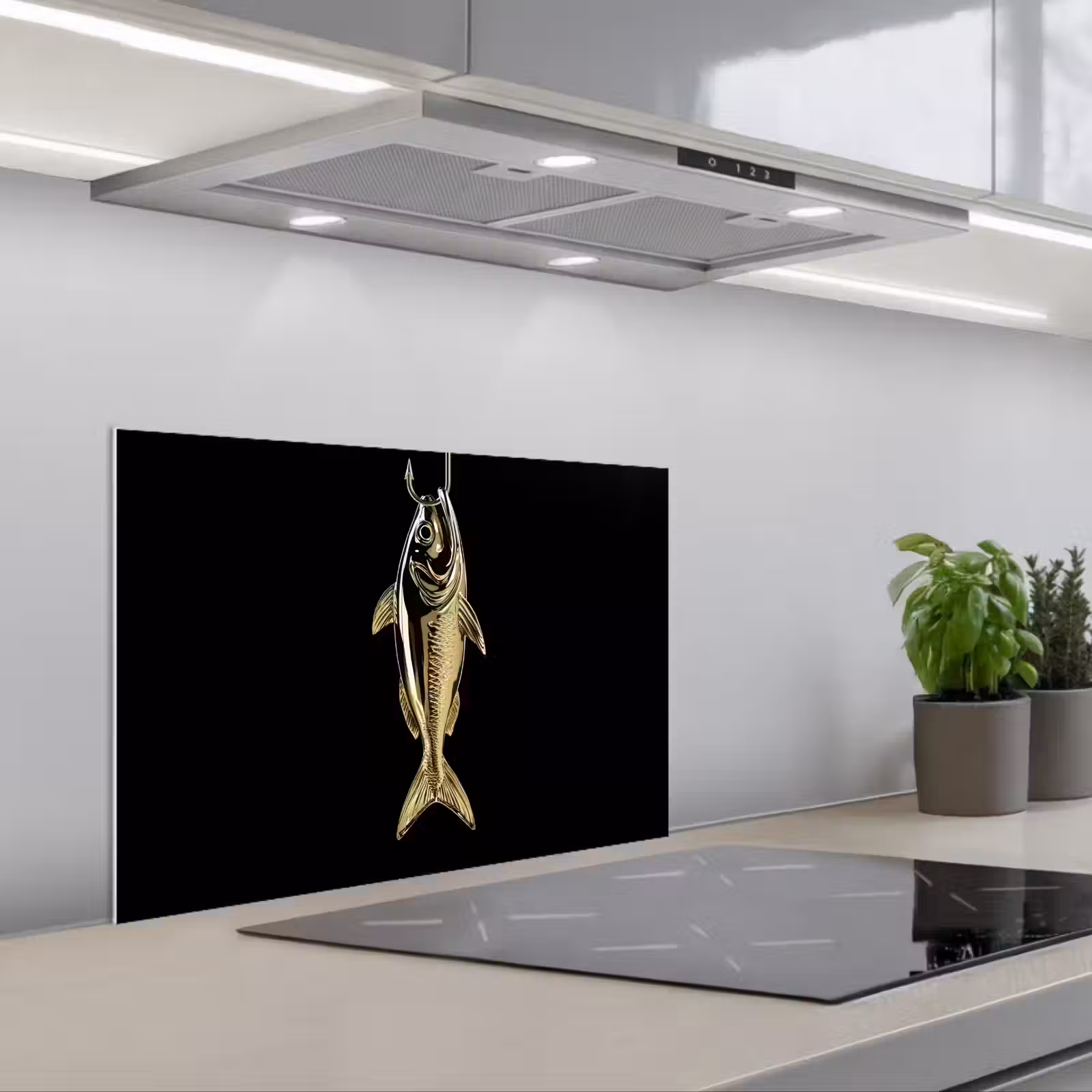 Kitchen splashback for hob - Gold - Fish - Hook - Black — 1
