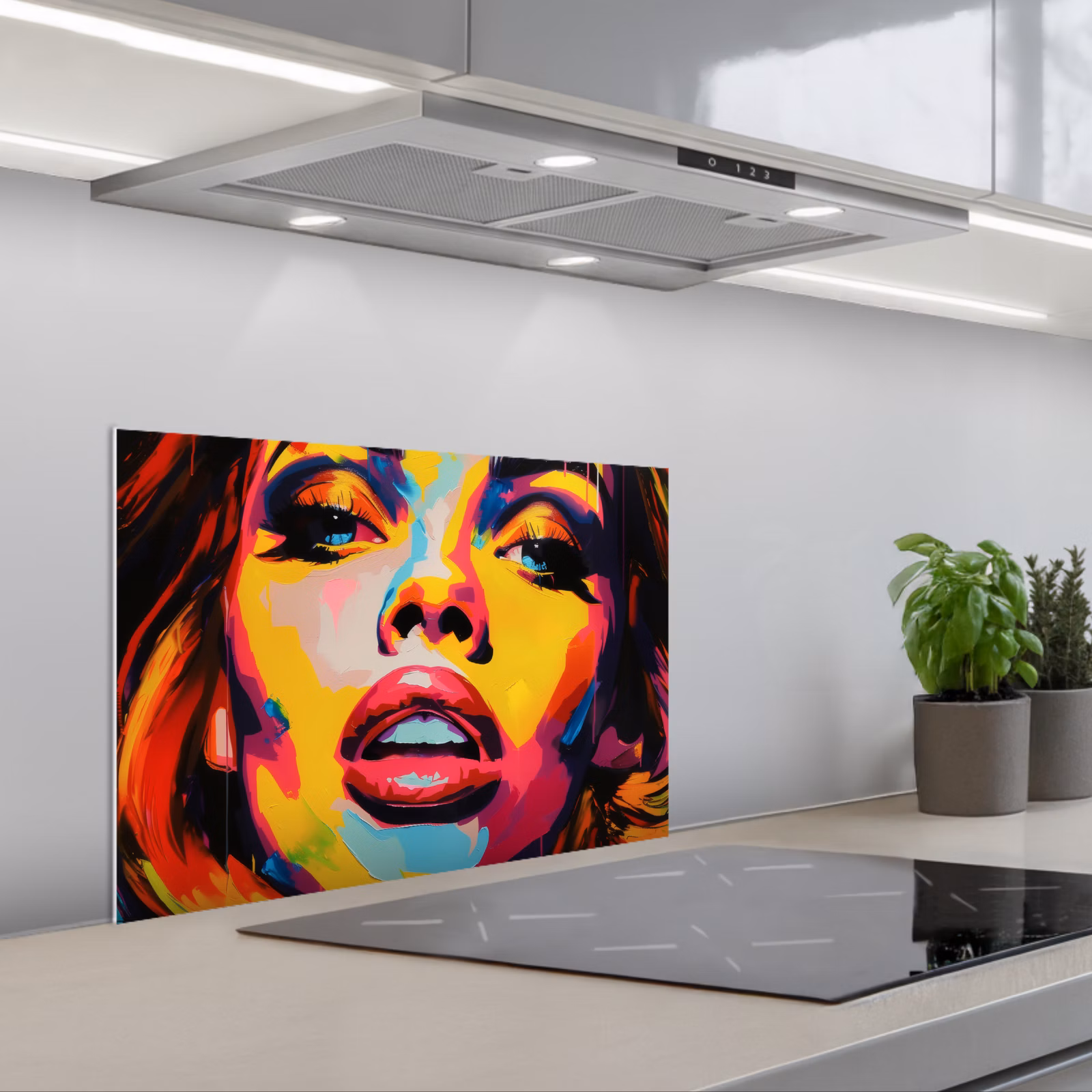 Kitchen splashback for hob - Woman - Face - Colorful — 1