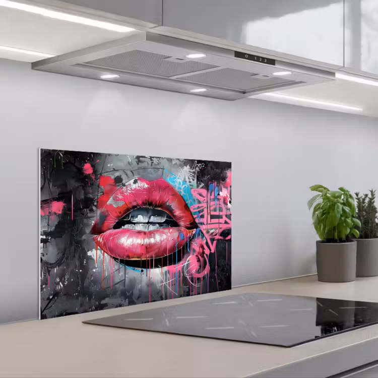 Kitchen splashback for hob - Lips - Bright pink - Graffiti - Paint stripes — 1