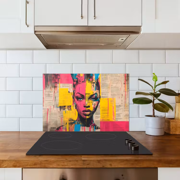 Kitchen splashback for hob - Women's face - Newsprint - Abstract - Pink — 3