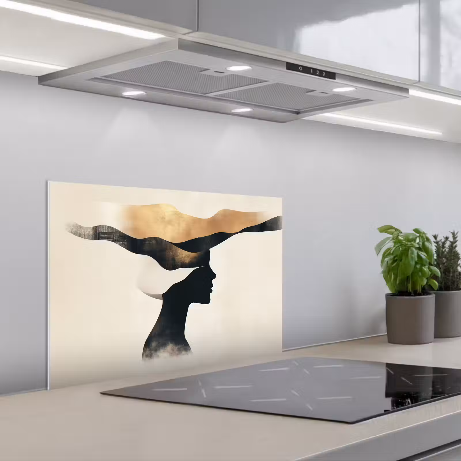 Kitchen splashback for hob - Woman - Waves - Black — 1