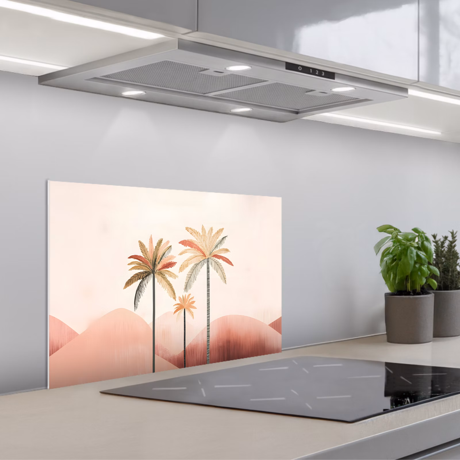 Kitchen splashback for hob - Palm trees - Hills - Minimalist - Soft pink — 1