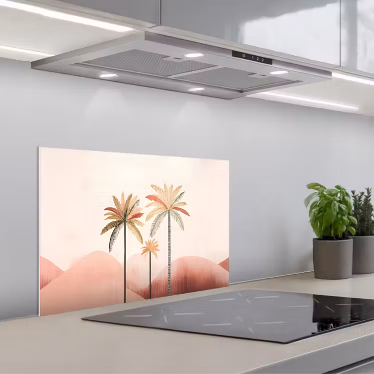 Kitchen splashback for hob - Palm trees - Hills - Minimalist - Soft pink — 1