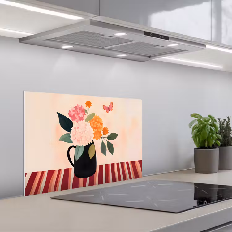 Kitchen splashback for hob - Vase - Flowers - Butterfly - Red — 1
