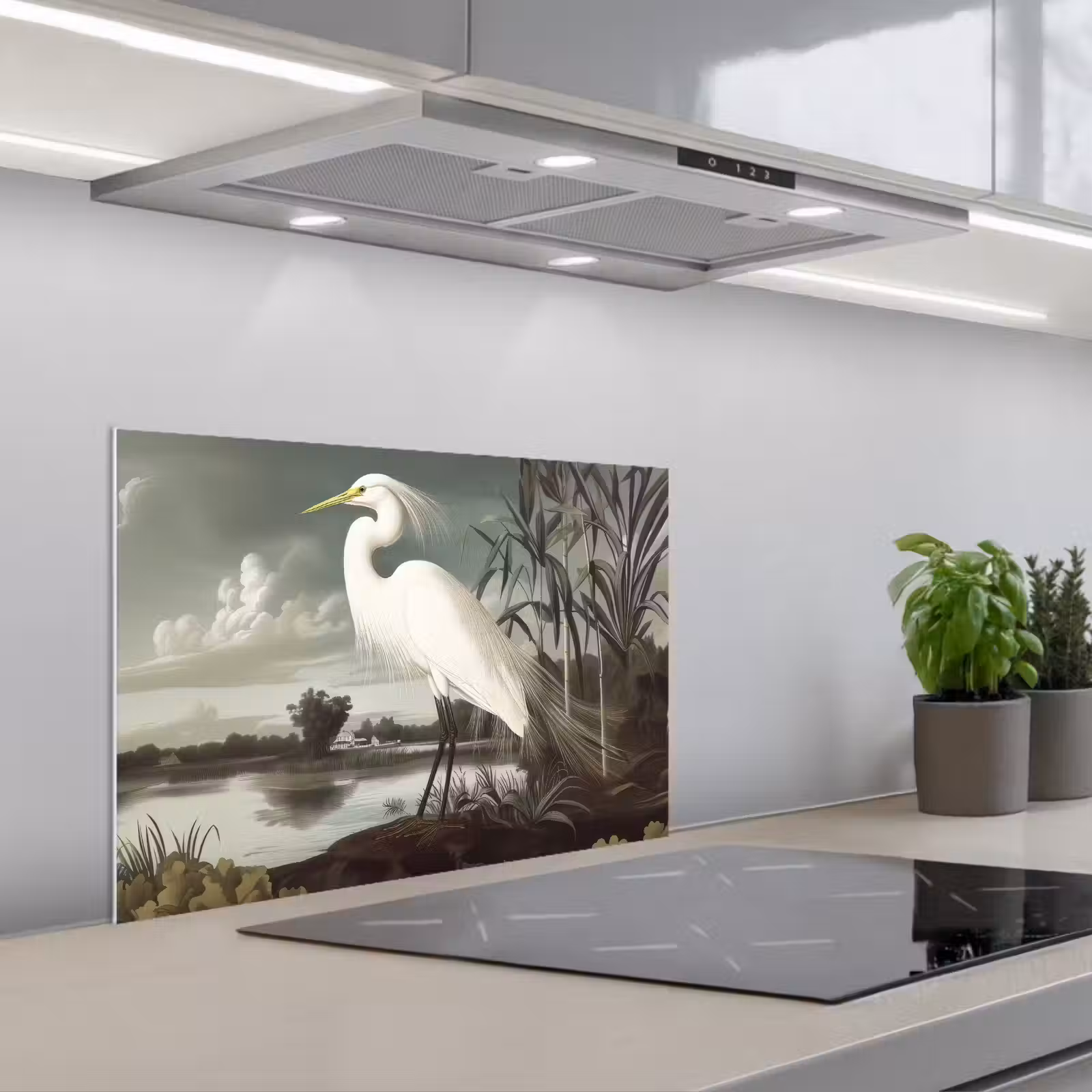 Kitchen splashback for hob - Heron - Plants - Clouds - White — 1