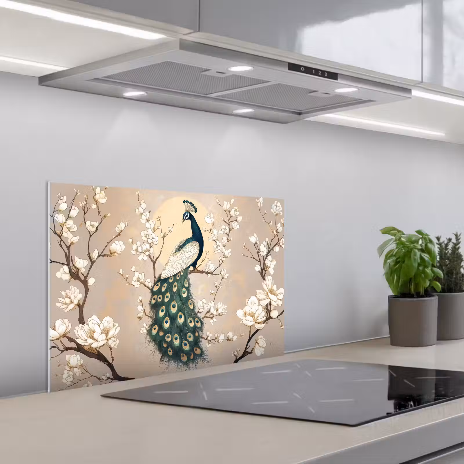 Kitchen splashback for hob - Peacock - Branch - Flowers — 1