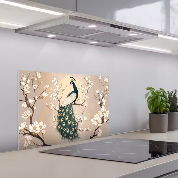 Kitchen splashback for hob - Peacock - Branch - Flowers — 1