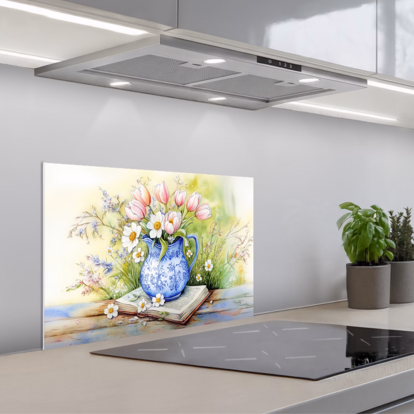 Kitchen splashback for hob - Vase - Delft blue - Daisies — 1