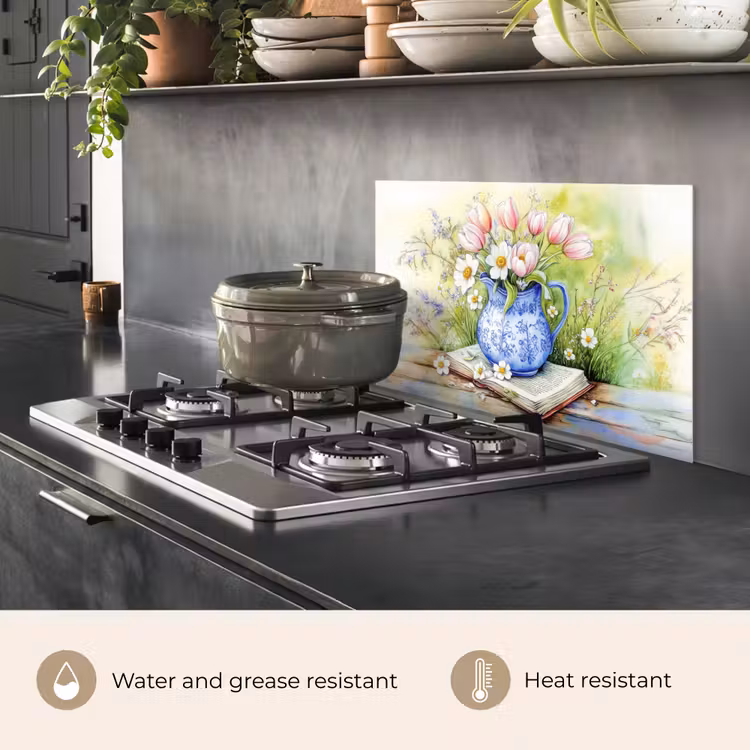 Kitchen splashback for hob - Vase - Delft blue - Daisies — 2