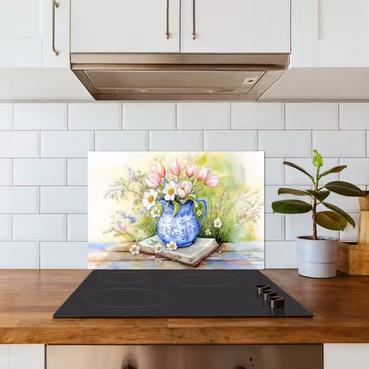 Kitchen splashback for hob - Vase - Delft blue - Daisies — 3