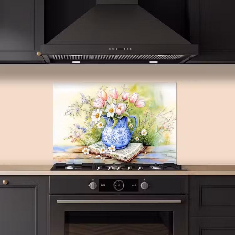 Kitchen splashback for hob - Vase - Delft blue - Daisies — 5