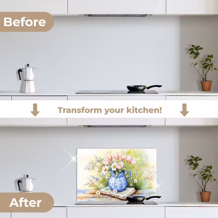 Kitchen splashback for hob - Vase - Delft blue - Daisies — 7